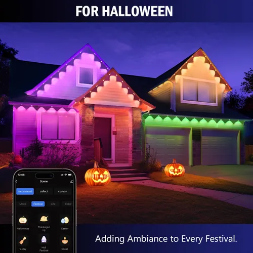 Vista 8 de wowlite Luces exteriores permanentes de 50 pies, luces inteligentes RGBIC para aleros con 36 LEDs, impermeables IP67, más de 110 modos de escena