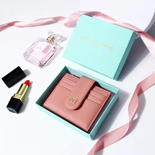 Vista 4 de Badiya Billeteras pequeñas para mujer, plegable, multitarjeta, delgada, tarjetero con cremallera, Rosado, Minimalista