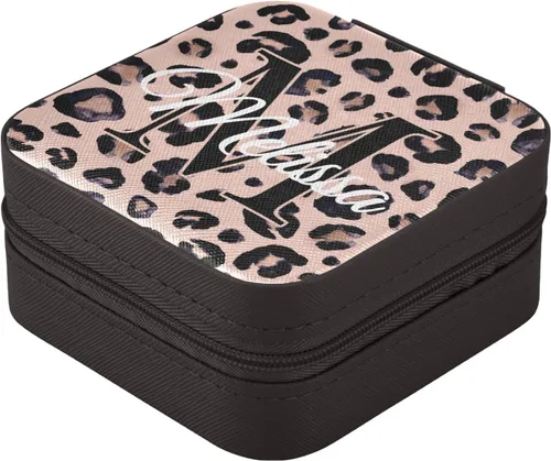 Vista 3 de Joyero de viaje personalizado con estampado de leopardo rosa y negro caja de joyería personalizada organizador de viaje caja de joyería pequeña