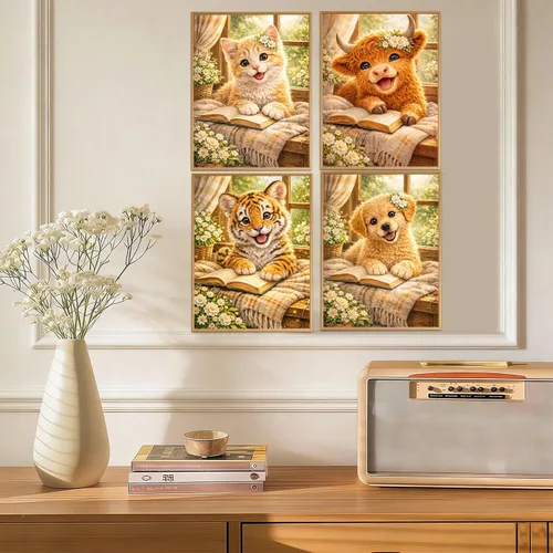 Vista 3 de Kits de pintura de diamantes de animales para adultos, paquete de 4 unidades, lindo tigre, vaca, gato, perro, kit de arte de diamantes, pintura
