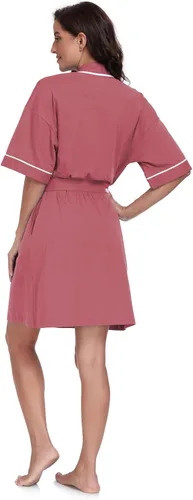 Vista 22 de COLORFULLEAF Bata de baño de manga corta para mujer, 100% algodón, longitud hasta la rodilla, con bolsillos