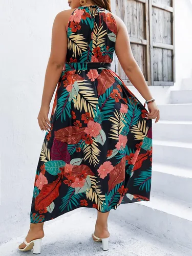 Vista 2 de Floerns Vestido largo de línea A para mujer, talla grande, estilo bohemio, sin mangas, cuello halter, lazo en la espalda