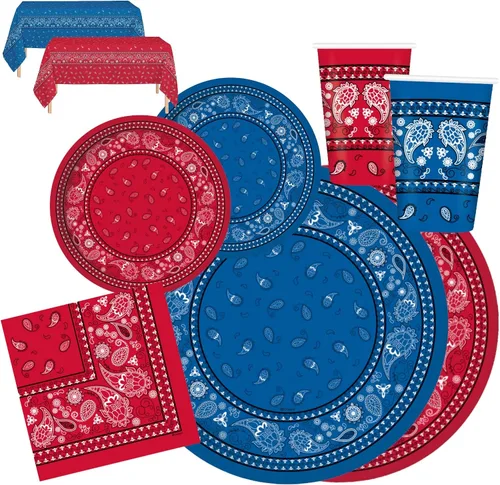 Vista 9 de Oojami Sirve 24 – Bandana roja suministros para fiesta occidental – Paquete completo de fiesta con platos llanos de 9 pulgadas, platos de postre