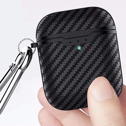Vista 2 de Compatible con auriculares Airpods 1 y 2, fibra de carbono fresco grano militar anti-caída flexible TPU protector antidedos con llavero negro