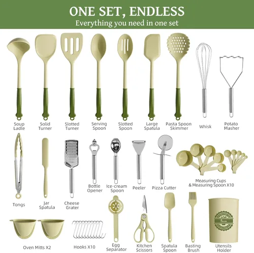 Vista 2 de Kikcoin Juego de 43 utensilios de cocina – Juego de utensilios de cocina de silicona, espátula apta para lavavajillas para utensilios de cocina