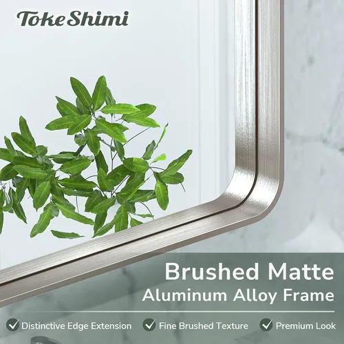 Vista 3 de TokeShimi Espejo de pared de baño de níquel cepillado de 20 x 30 pulgadas, marco de metal, esquina redonda, rectangular, para decoración del hogar