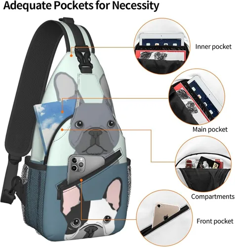 Vista 4 de Lindo Bulldog francés Sling Bag para hombres y mujeres, múltiples bolsillos en el pecho bolsa de hombro Crossbody para ciclismo, deportes, viajes