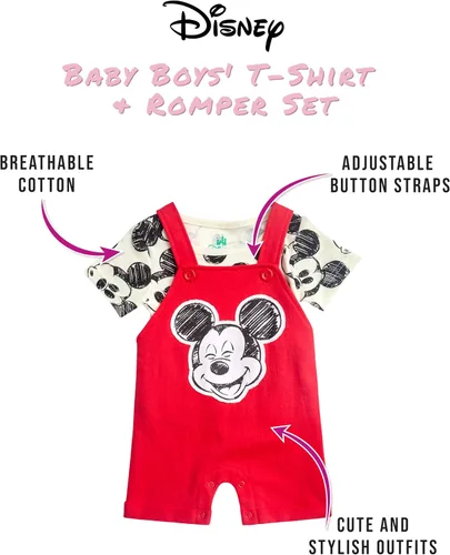 Vista 18 de Disney Conjunto de pantalones cortos para bebé, 2 piezas de Spiderman Mickey Mouse Cars Winnie the Pooh, conjunto corto de camisa corta (0-3M-24M)