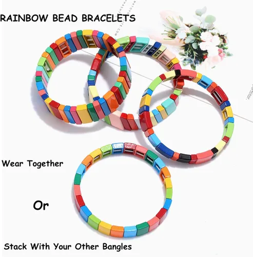 Vista 4 de Juego de 4 pulseras elásticas de azulejos esmaltados de arcoíris para mujer, juego de pulseras elásticas de cuentas multicolores apilables