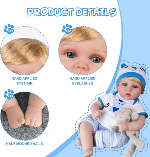 Vista 7 de Aori Muñeca Reborn Baby Boy – 22 pulgadas realista recién nacido – Muñecas de bebé con peso hechas a mano con cuerpo de tela suave para niños de más