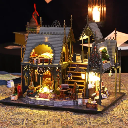 Vista 2 de Mini casa de muñecas de madera 3D con cubierta a prueba de polvo y movimiento de música, kit de casa de muñecas en miniatura y muebles, idea