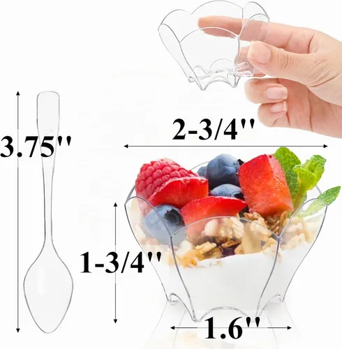 Vista 2 de Tebery Paquete de 100 mini tazas de postre Parfaits con 100 cucharas, cuenco pequeño transparente de 2.5 onzas para probar postres de fiesta