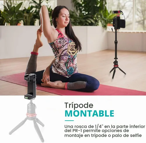 Vista 6 de Movo PR-1 - Soporte de agarre para teléfono inteligente con correa de muñeca, montaje de trípode y soporte de zapata fría para luces y micrófonos