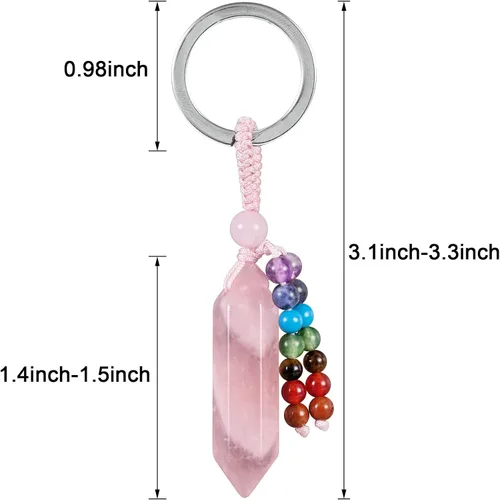 Vista 3 de Llavero de prisma hexagonal de cristal natural con 7 cuentas de cristal de Reiki Chakra Llavero de borla