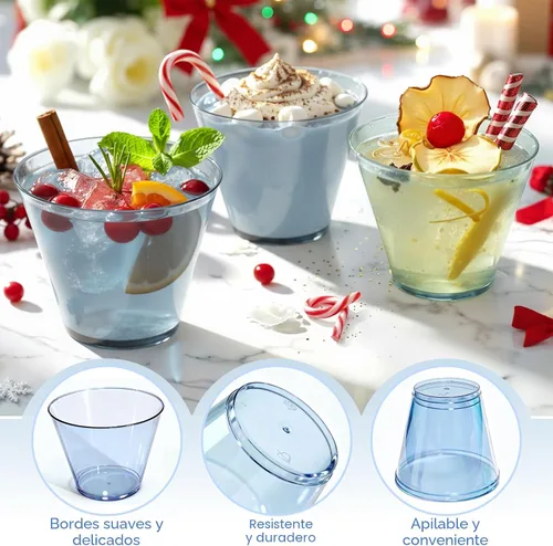Vista 3 de Glowserve Paquete de 50 vasos de plástico transparente de 9 onzas, vasos de plástico azul transparente para cóctel, vasos desechables para fiestas