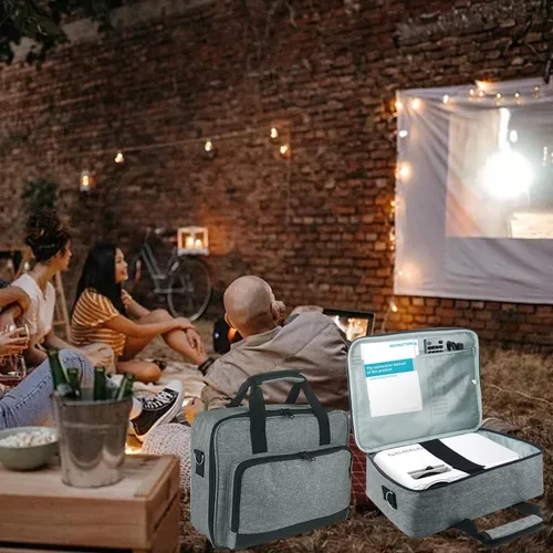 Vista 6 de Boczif - Funda de transporte para proyector, estuche de viaje portátil (gris) con compartimento para portátil y correa de hombro ajustable