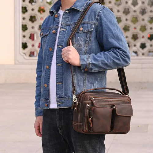 Vista 5 de Bolso bandolera de cuero para hombre, 11 pulgadas, bolso para computadora portátil, estilo vintage, de grano completo, para trabajo, viajes
