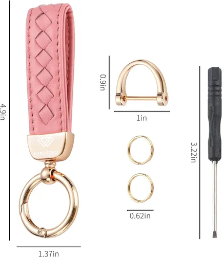 Vista 7 de Hamdecro Llaveros de cuero auténtico, llavero de piel de oveja tejida a mano para mujer, soporte universal para llavero con rotación de 360 grados