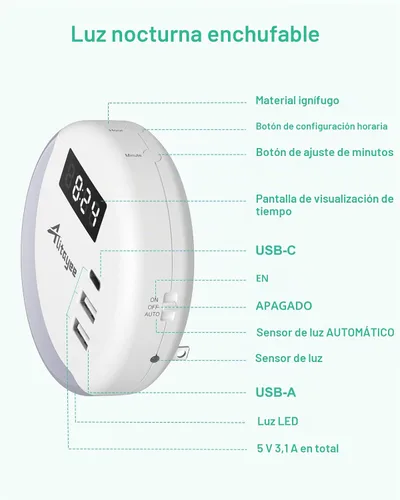 Vista 8 de Alitayee Luz nocturna LED, luces nocturnas enchufables a la pared, luz nocturna inteligente con sensor de luz nocturna con cargador USB C