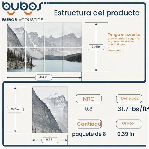 Vista 2 de BUBOS - Paquete de 8 paneles acústicos artísticos con aislamiento de sonido para paredes, panel de 47.2x31.4 pulgadas que absorbe el sonido, paneles