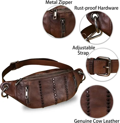 Vista 6 de IVTG Bolso bandolera de cuero genuino para mujer, riñonera casual, senderismo, bolsa cruzada en el pecho, mochila de hombro para motocicleta