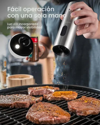 Vista 4 de Juego de molinillo eléctrico de sal y pimienta con base recargable, gran capacidad mejorada, juego de molinillo de pimienta recargable con luz LED