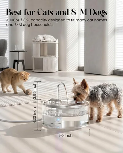 Vista 8 de Tomxcute Glass Cat Water Fountain - 108oz/3.2L Ultra-Quiet Cat Fountain for Drinking, Elegant Easy to Clean Glass Pet Water Fountain for Cats, Small