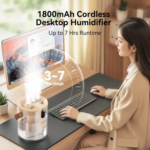 Vista 3 de KIMMOO Humidificador portátil recargable de llenado superior, humidificadores inteligentes para dormitorio, luz nocturna, humidificador de niebla
