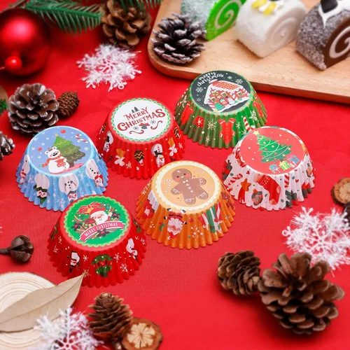 Vista 5 de Forros de cupcakes de Navidad con adornos y púas, envoltorios estándar desechables para cupcakes, tazas para hornear, forros para magdalenas