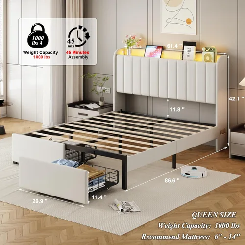 Vista 3 de Base de cama tamaño queen con cabecera de almacenamiento y 2 cajones, base de cama tapizada con luces LED y práctica estación de carga, no necesita