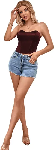 Vista 6 de LYANER Blusa sexy de satén con cuello de corazón para mujer, sin tirantes, corsé
