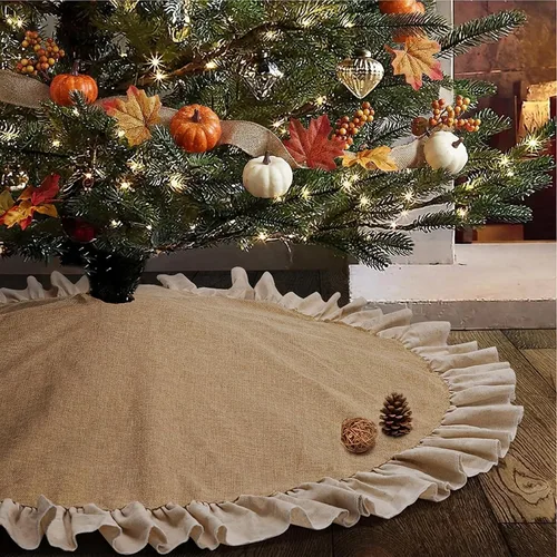 Vista 2 de Falda de Árbol de Navidad de Otoño de Arpillera con Borde de Volantes, 122 cm de Lino Rústico para Decoración de Granja, Adornos de Navidad