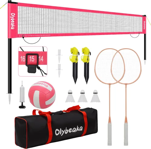Vista 10 de Juego de red combinada de voleibol y bádminton de 20 pies para exteriores para patio trasero y playa con postes ajustables, red duradera