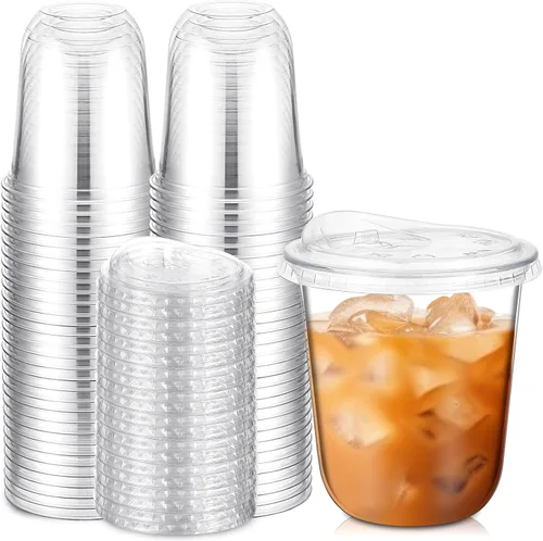Vista 12 de Ziliny 50 juegos de vasos de plástico transparente con tapas para sorber sin pajita, vasos de cristal de plástico PET desechables transparentes