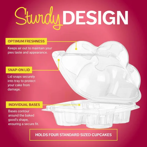 Vista 7 de Cajas de plástico para cupcakes 4 compartimentos – Paquete de 50 Soporte desechable para cupcakes de cúpula alta con tapa a granel Cajas