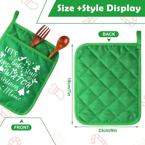 Vista 2 de 6 agarraderas de Navidad con bolsillo para cocina, almohadilla caliente, manoplas de horno de granja, bolsa de galletas para regalo de Navidad verde