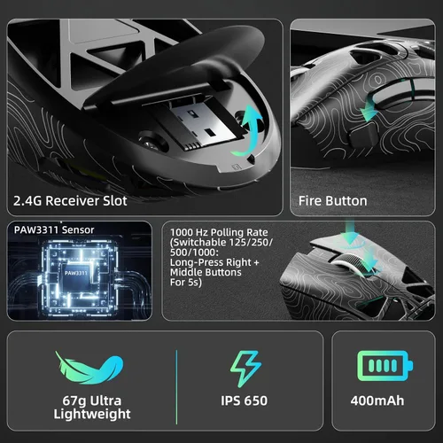 Vista 5 de Aula SC620 - Ratón inalámbrico para juegos, triple modo de 2.4 GHz/USB-C/BT5.3 con 12000 DPI, mouse macro gamer programable con llave de fuego