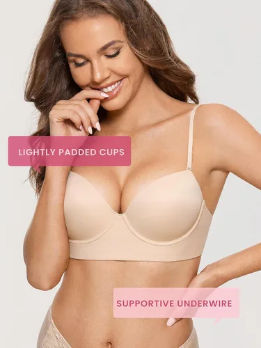 Vista 4 de DOBREVA Women's Backless Bra Low Back Halter Lightly Padded T Shirt Bras Underwire Full Coverage