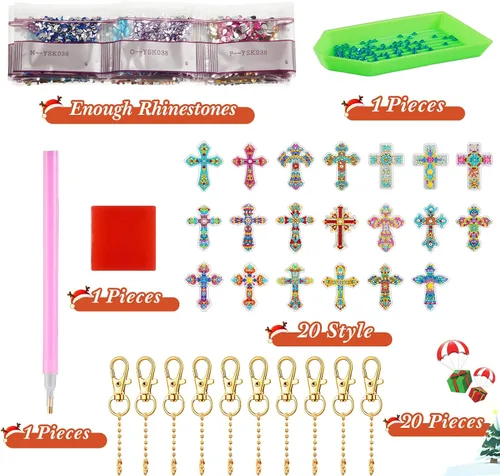 Vista 3 de Henoyso Juego de 20 llaveros de pintura artística con diamantes para adultos, 5D de doble cara en forma de cruz de diamante en forma de cruz
