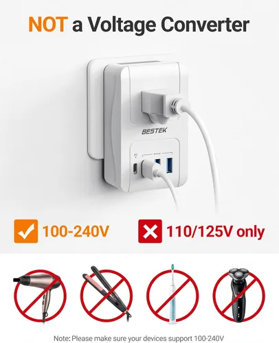 Vista 5 de BESTEK Adaptador de viaje universal, adaptador de corriente internacional con 1 tomacorrientes, 4 puertos de carga USB (1 USB C PD 35W), enchufes