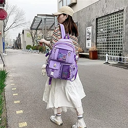 Vista 2 de Mochila Kawaii con colgante de oso, lona estética para estudiantes, bolsa de hombro casual, mochila de regreso a clases, Morado, L, Mochilas tipo