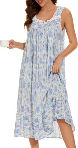 Vista 9 de AVIIER Camisones de algodón para mujer, sin mangas, vestido de casa largo con bolsillos, S-XXL Flor negra
