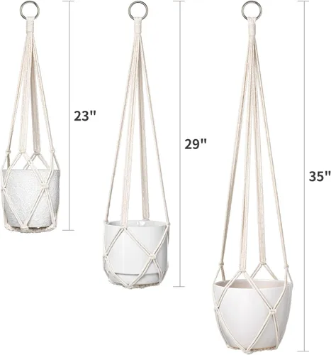 Vista 7 de Dahey Juego de 3 colgadores de macramé para plantas con ganchos, cesta colgante de interior de 35/29/23 pulgadas hecha a mano con cuerda de algodón
