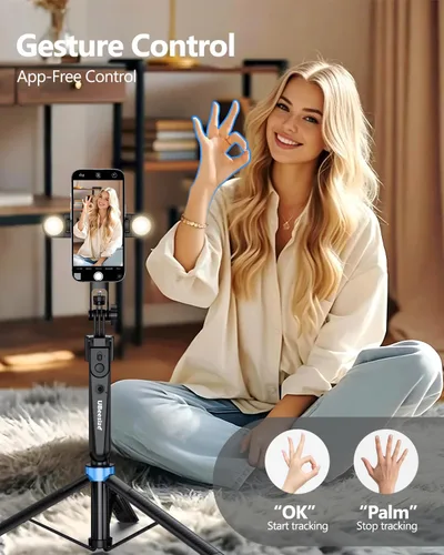 Vista 3 de UBeesize Trípode de seguimiento facial automático de 70 pulgadas, rotación de 360° con soporte, trípode para teléfono con luz de relleno, palo