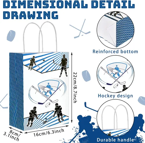 Vista 2 de 18 bolsas de regalo de papel de hockey para dulces, bolsas de golosinas temáticas deportivas con asa, recuerdos de fiesta para celebración, juego