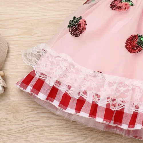 Vista 5 de IDOPIP Baby Girls Gingham Tutu Dress Sequin Strawberry Cow Print Princess Birthday Party Dresses with Headband 2PCS Outfit