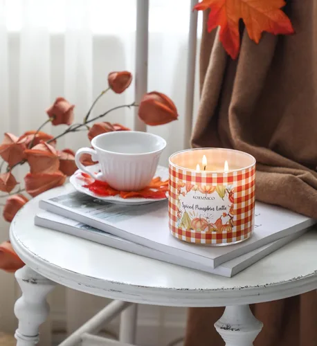 Vista 5 de Vela con leche de calabaza especiada, vela perfumada de otoño, vela grande de 3 mechas, 14 onzas