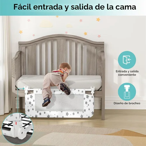 Vista 2 de NUTIKAS Protector de riel de cuna para niños pequeños, rieles de cama de 35.3 pulgadas, protector lateral de seguridad convertible con malla Blanco