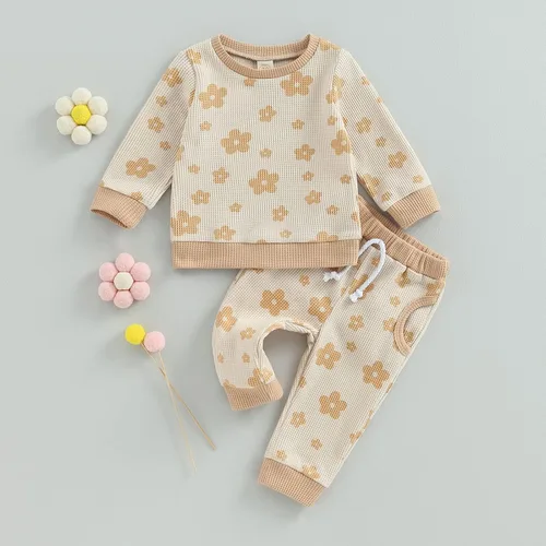 Vista 2 de Conjunto de sudadera de manga larga con estampado floral y pantalones casuales elásticos para niñas pequeñas