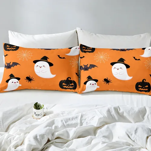 Vista 5 de Erosebridal Divertida sábana bajera ajustable de Halloween para niños, lindo juego de ropa de cama de calabaza fantasma, decoración de Halloween